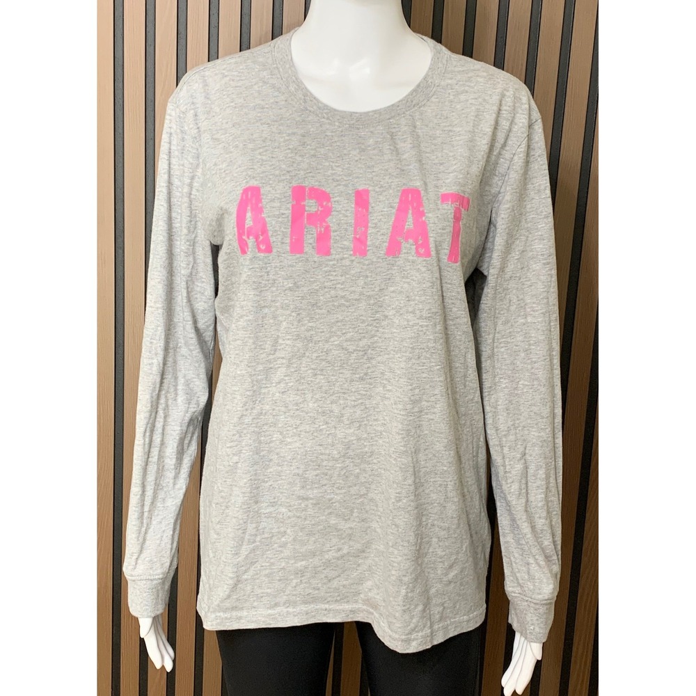 Ariat Women's Long Sleeve Graphic Tee Gray Pink Logo Cotton Western Top L